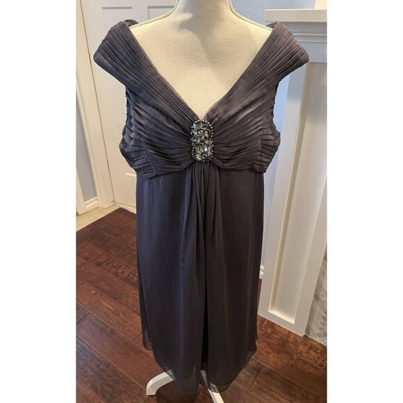Adrianna Papell Occasions Dress SZ 16 Deep Silver-Gray Off-Shoulder Crystal Bead - Picture 1 of 10